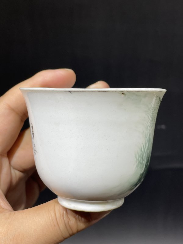 民国 绿彩山水诗文把杯 - 图5
