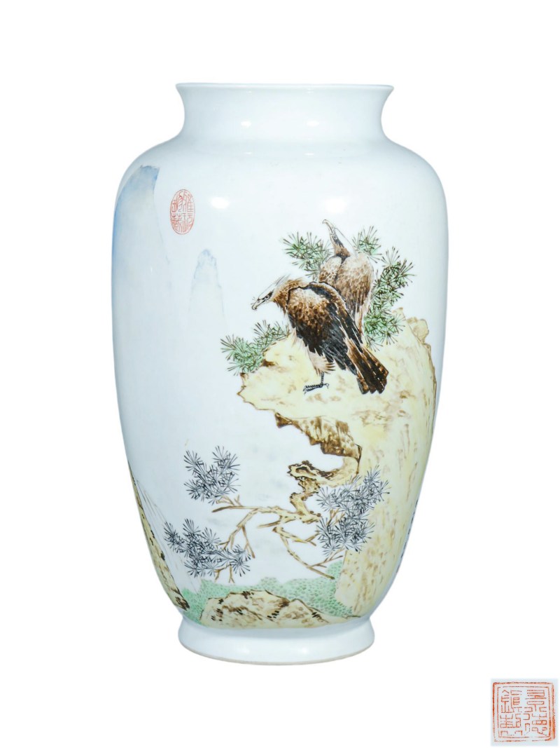   邹甫仁作品 粉彩松鹰图诗文灯笼瓶