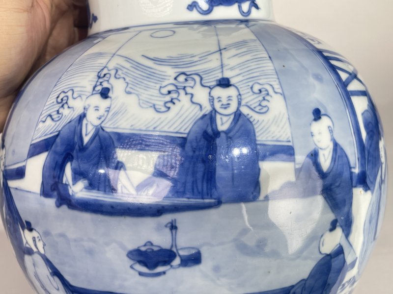 清康熙 青花十八学士图将军罐 - 图9