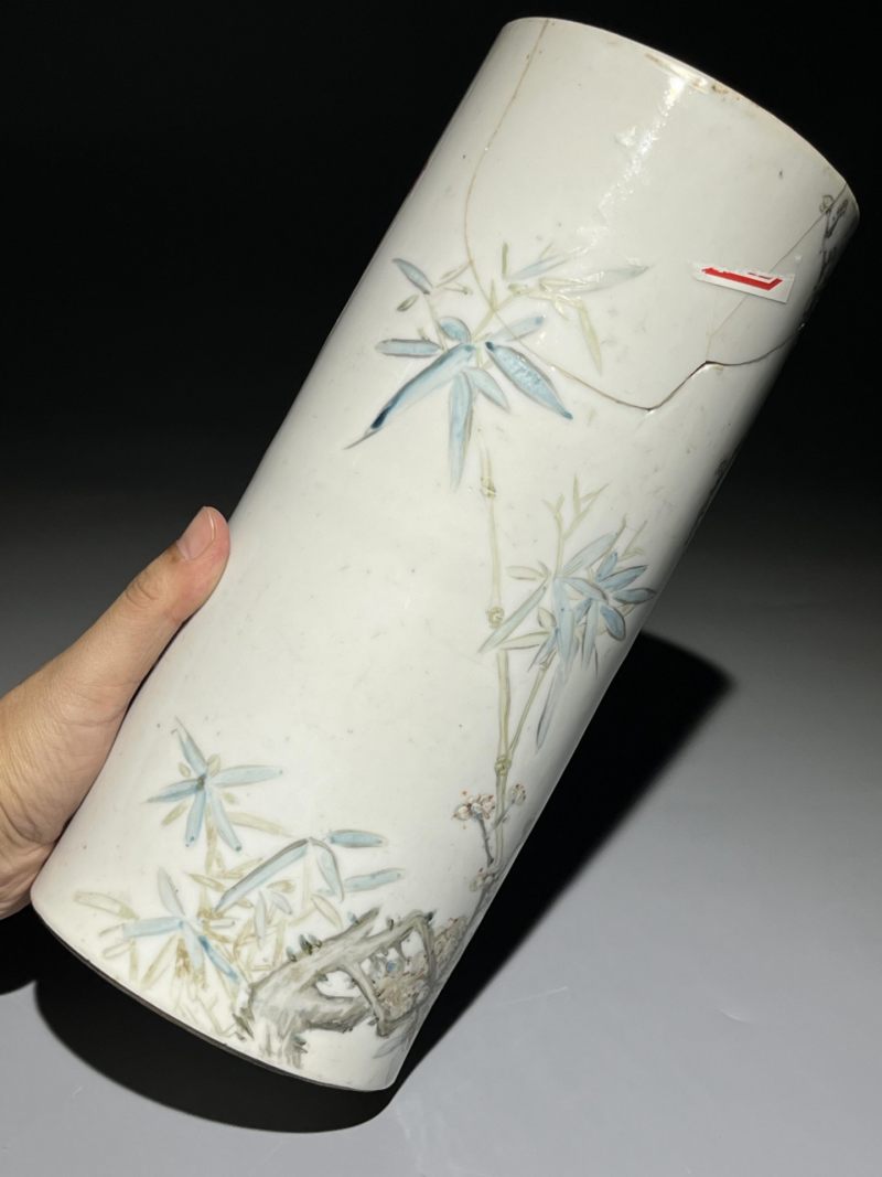    清晚期 浅降彩花鸟诗文帽筒一对 - 图17