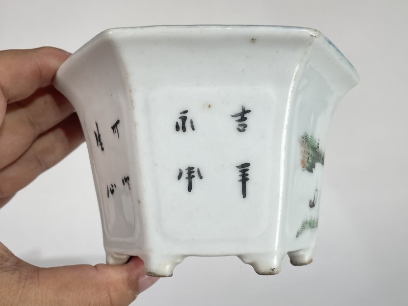 民国 粉彩山水图六方花盆 - 图3