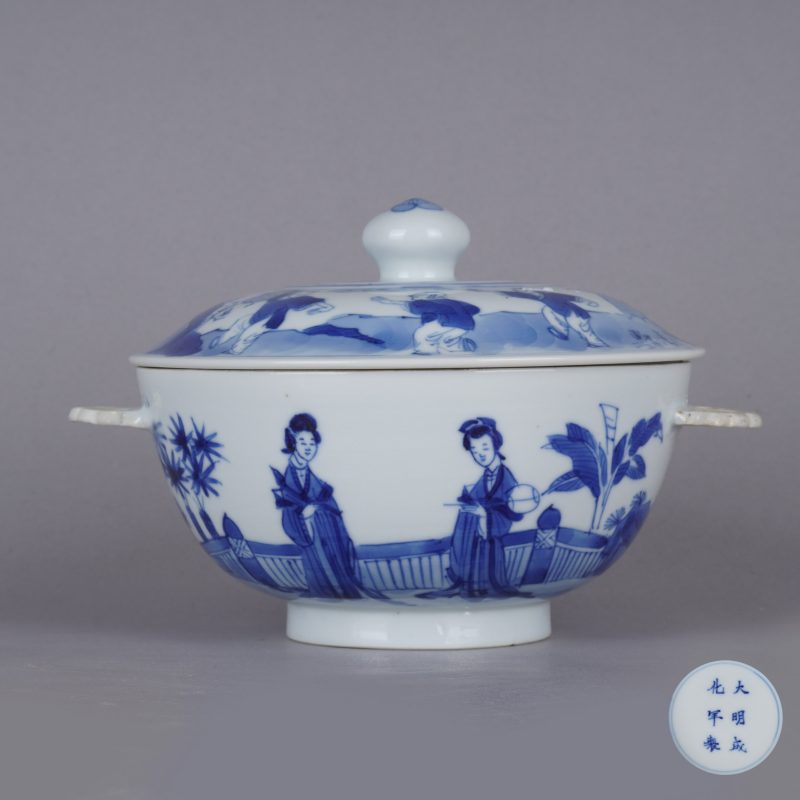 清康熙 青花仕女图盖缸 - 图1