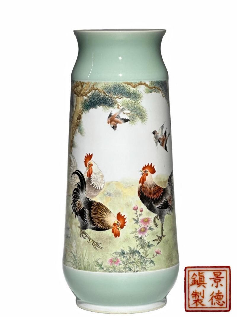    邓肖禹 邓学贤 青釉粉彩 “三公四爵”图筒瓶（带证书） - 图1