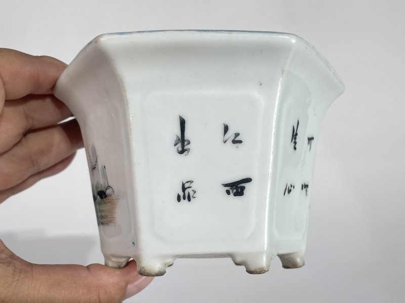 民国 粉彩山水图六方花盆 - 图4