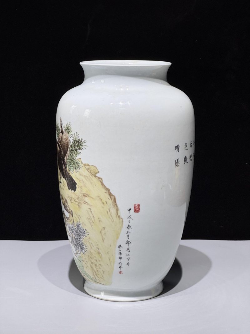    邹甫仁作品 粉彩松鹰图诗文灯笼瓶 - 图4