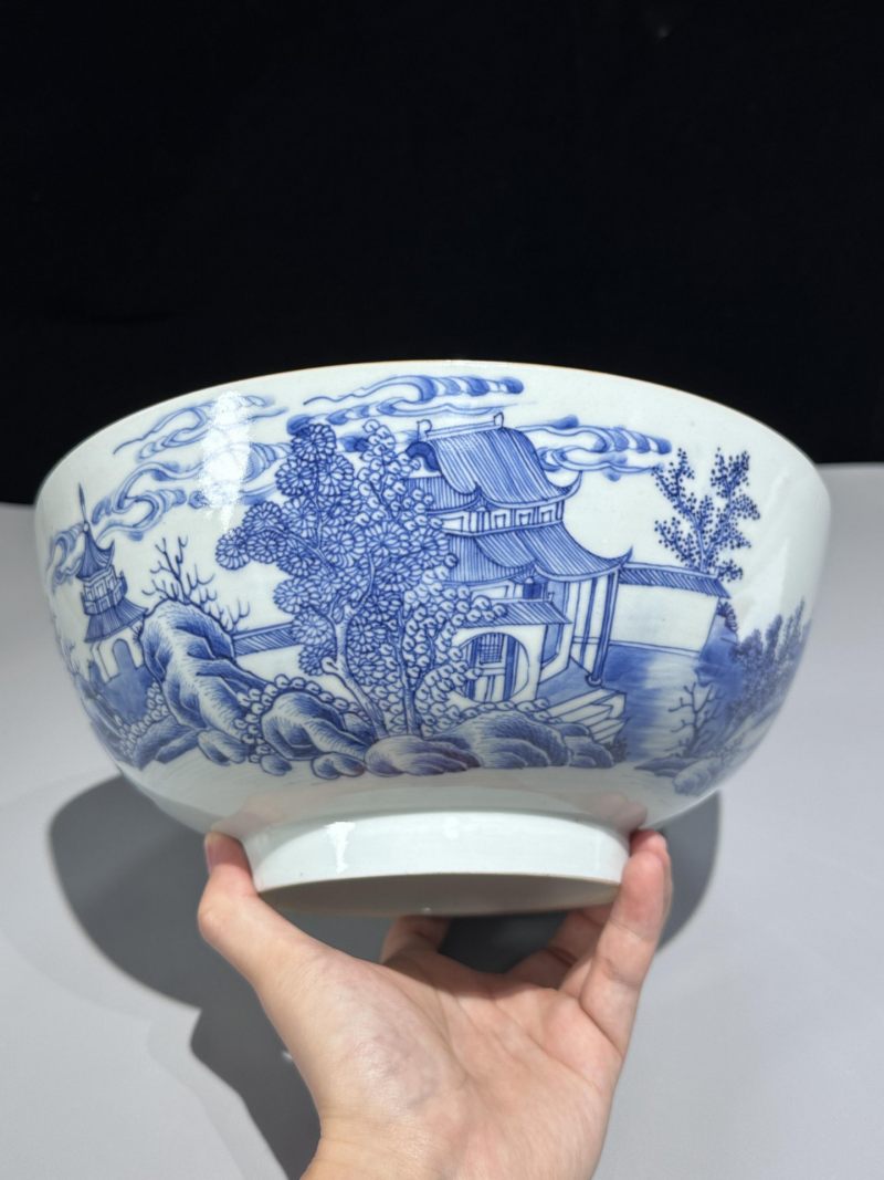    清雍正 青花山水庭院高士图大碗 - 图8