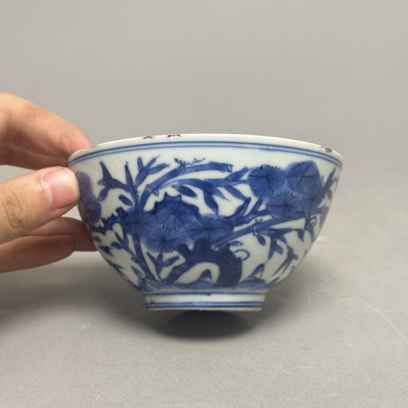 清康熙 青花岁寒三友图碗 - 图2