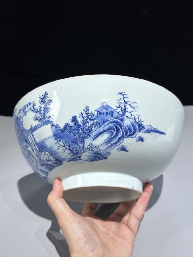    清雍正 青花山水庭院高士图大碗 - 图9