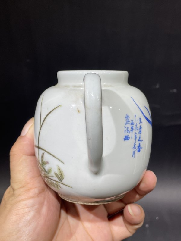 解放后 粉彩花鸟诗文茶壶 - 图7