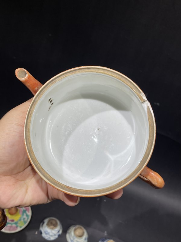 清 粉彩茶壶 杯子 盖 一组八件 - 图12