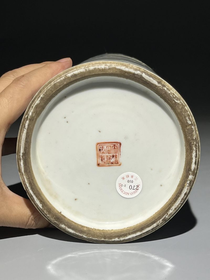    清晚期 浅降彩花鸟诗文帽筒一对 - 图22