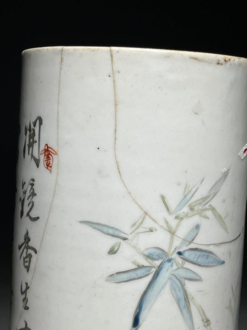    清晚期 浅降彩花鸟诗文帽筒一对 - 图24
