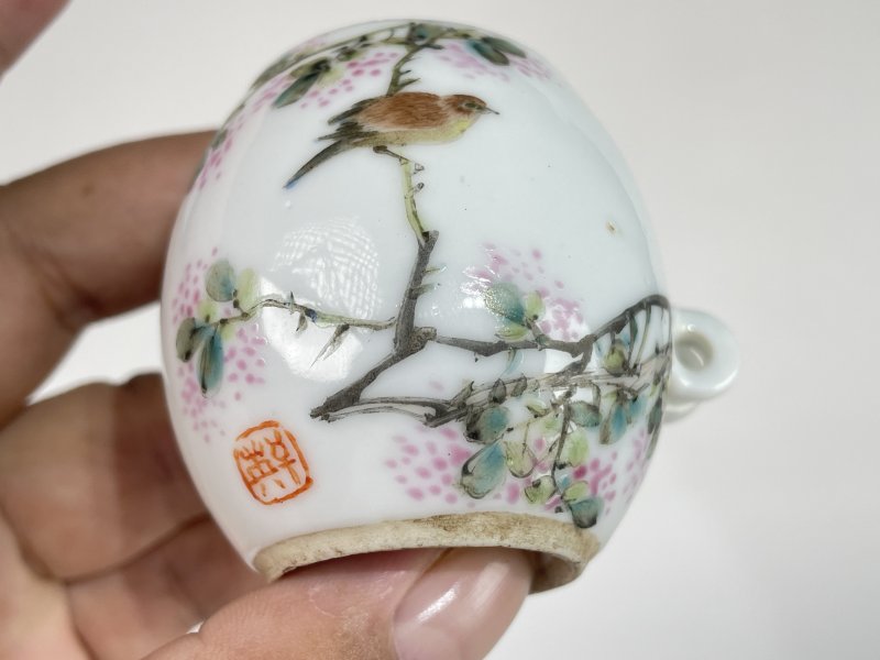 解放后 浅降彩花鸟纹鸟食罐 - 图2