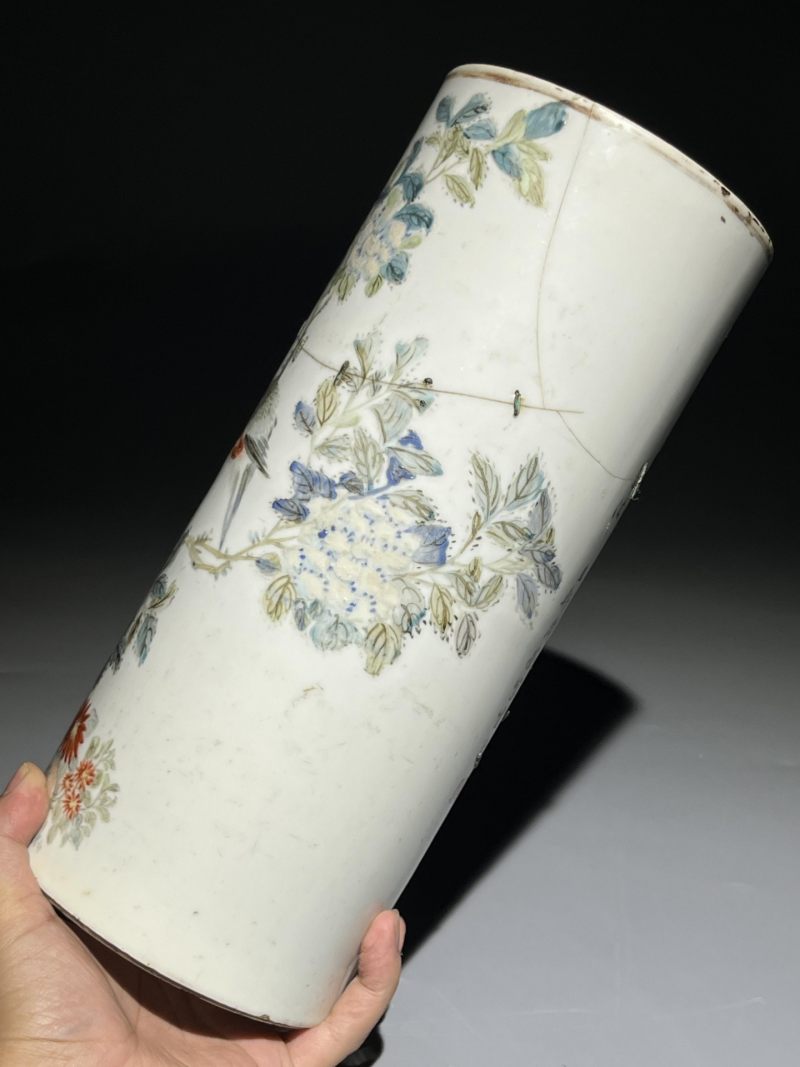    清晚期 浅降彩花鸟诗文帽筒一对 - 图5