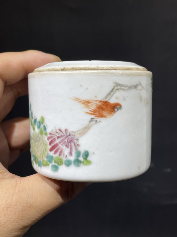清光绪 浅降彩花鸟纹水盂 - 图2