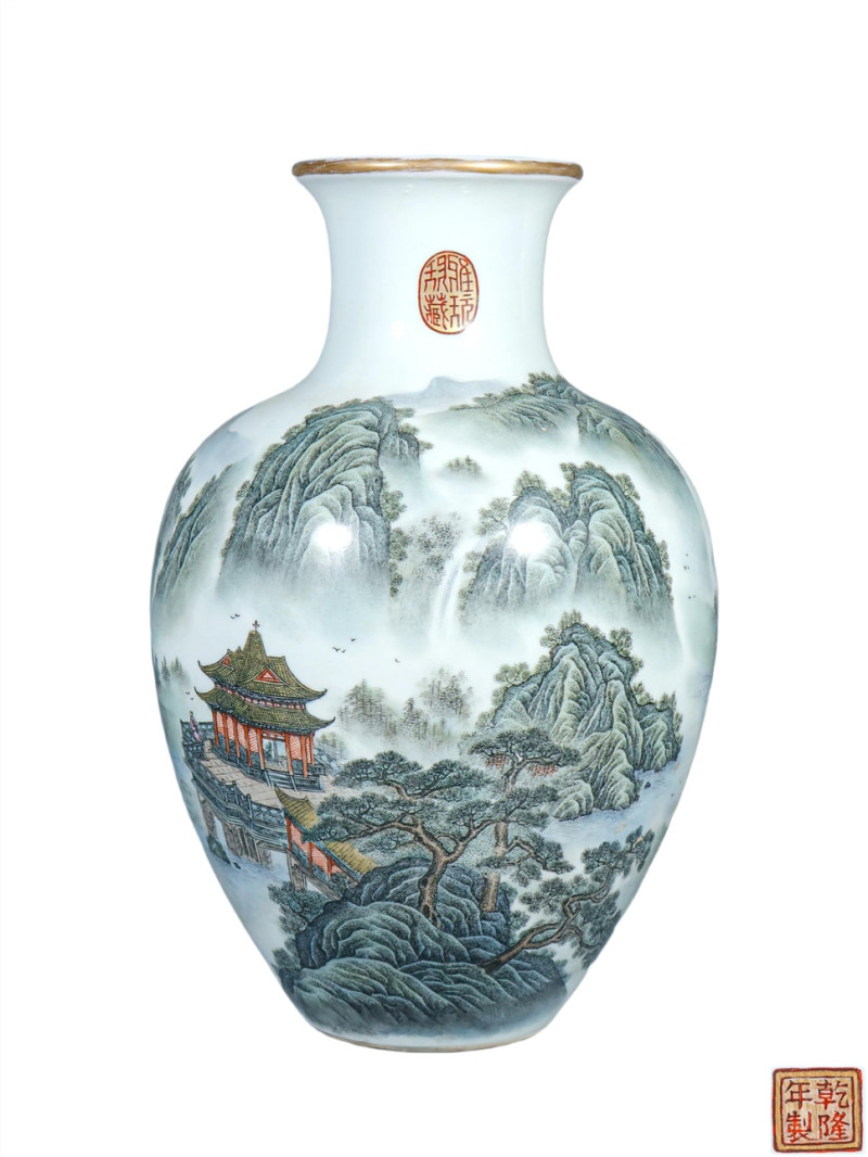    粉彩山水人物诗文瓶 - 图1