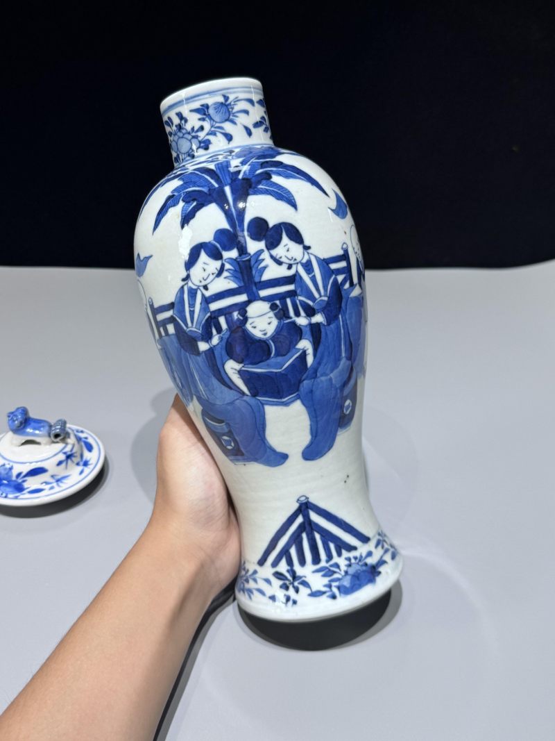    清晚期 青花三娘教子图盖罐 - 图3