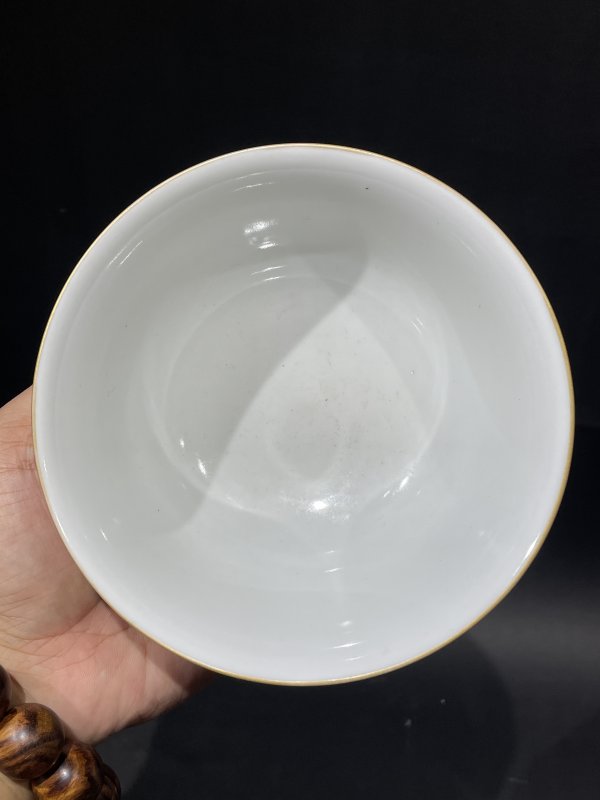 解放后 米黄釉粉彩兰花诗文碗 - 图6