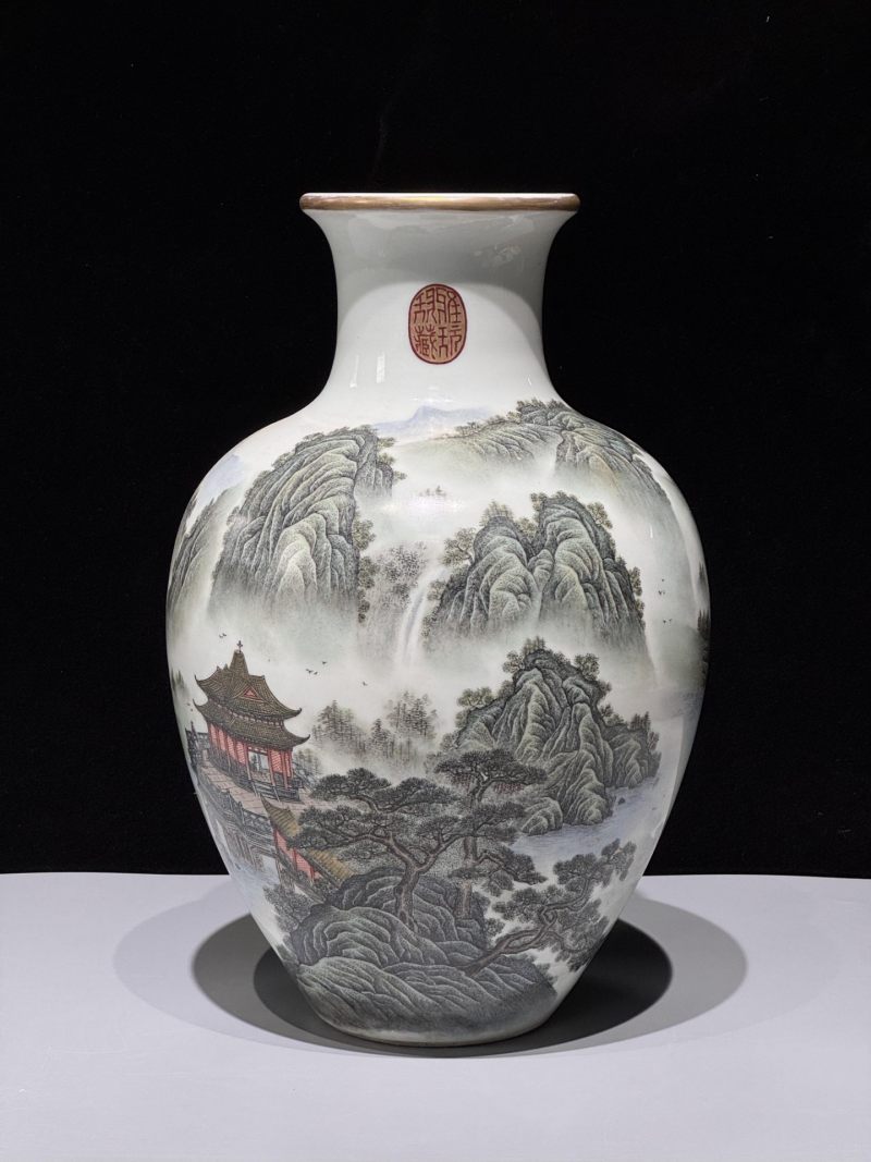    粉彩山水人物诗文瓶 - 图2