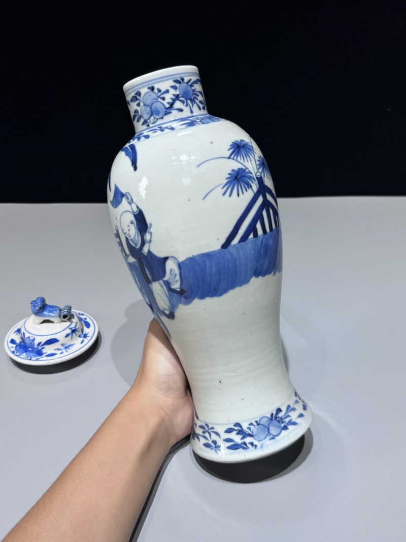   清晚期 青花三娘教子图盖罐 - 图4