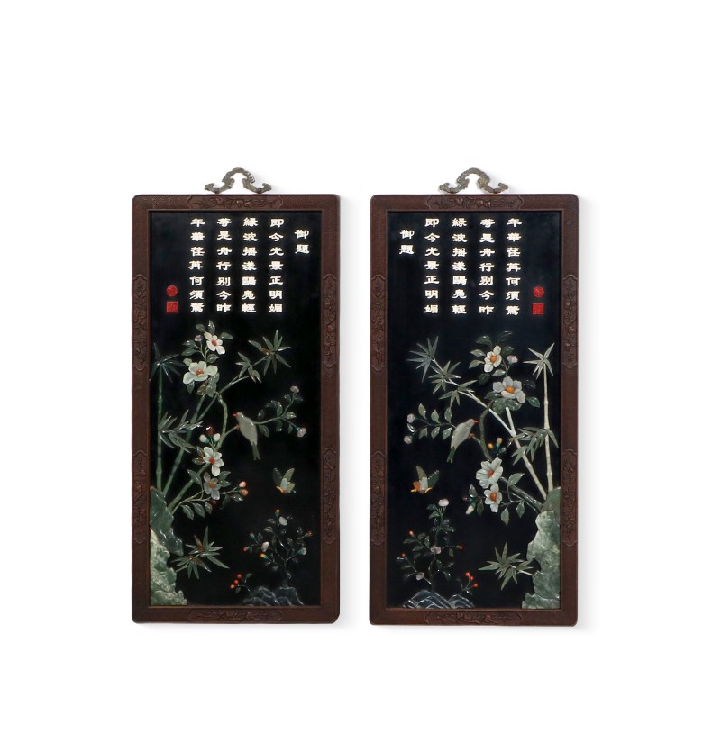 黑漆地百宝嵌挂屏一对 - 图1