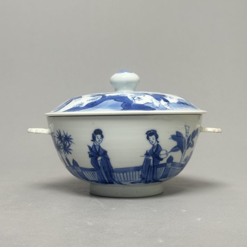 清康熙 青花仕女图盖缸 - 图2