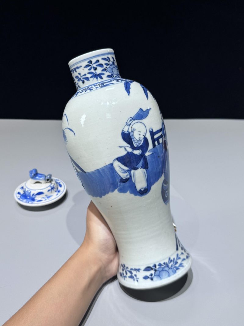    清晚期 青花三娘教子图盖罐 - 图5
