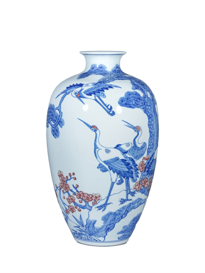    青花釉里红松鹤延年纹瓶 - 图1