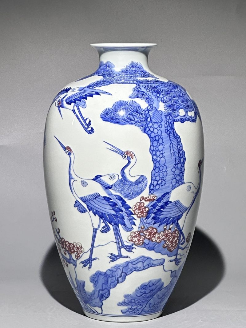    青花釉里红松鹤延年纹瓶 - 图2