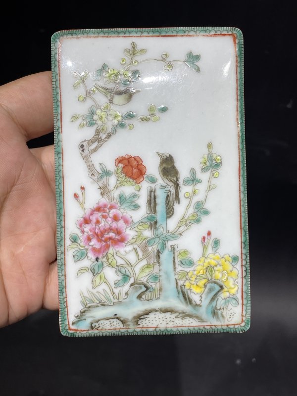 解放后 粉彩花鸟纹盖砚 - 图2