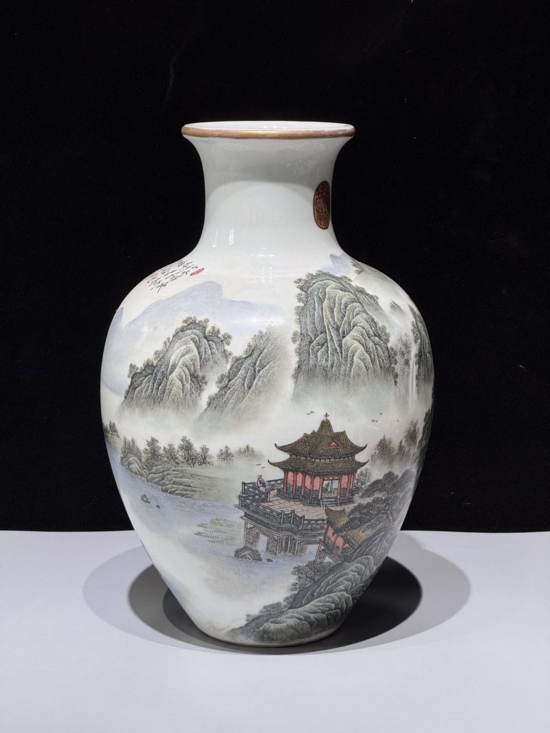    粉彩山水人物诗文瓶 - 图6