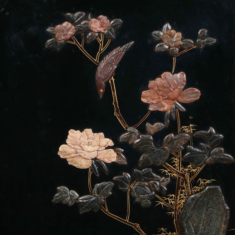 黑漆描金嵌玉石花卉三联屏风 - 图6