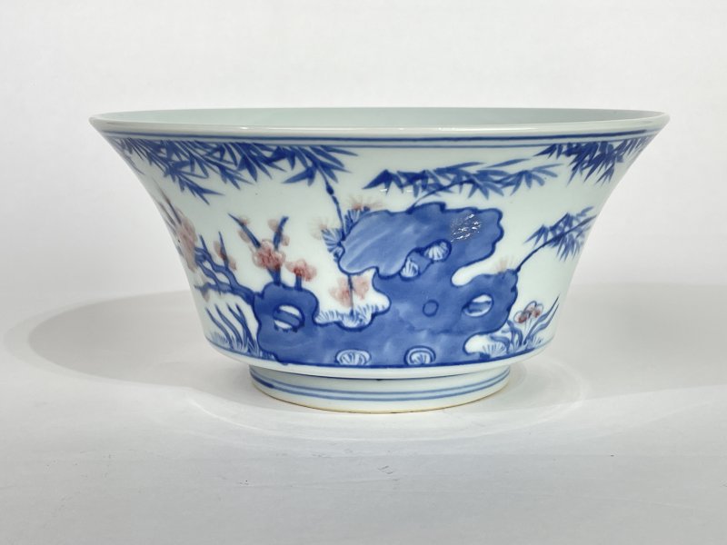 清  青花釉里红花卉诗文碗 - 图1