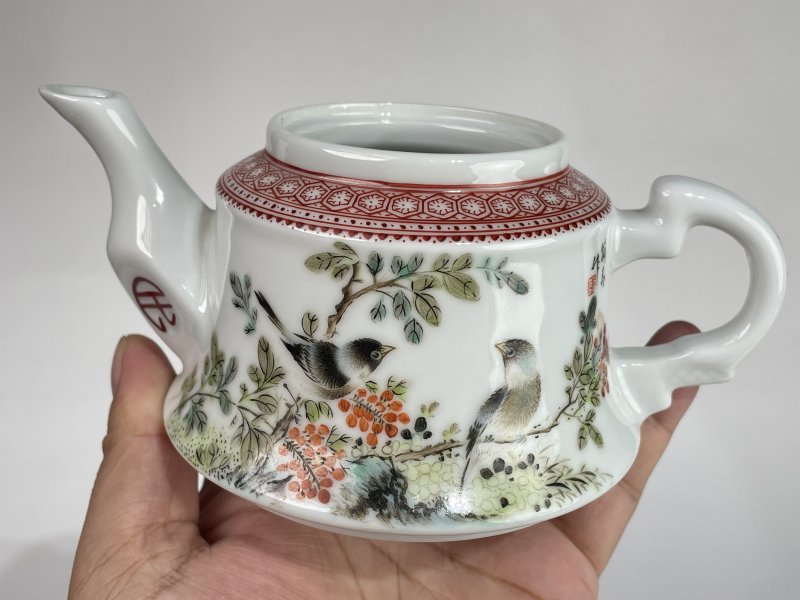 解放后 粉彩花鸟诗文茶壶 - 图4