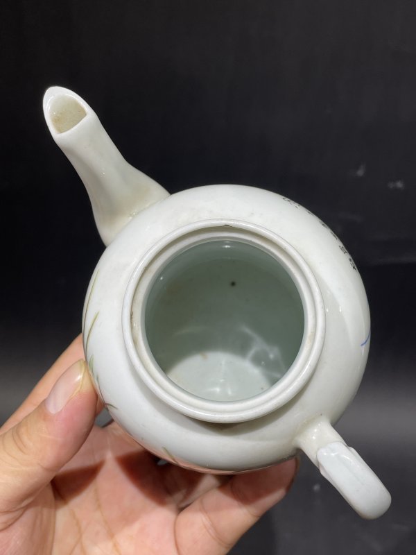 解放后 粉彩花鸟诗文茶壶 - 图8