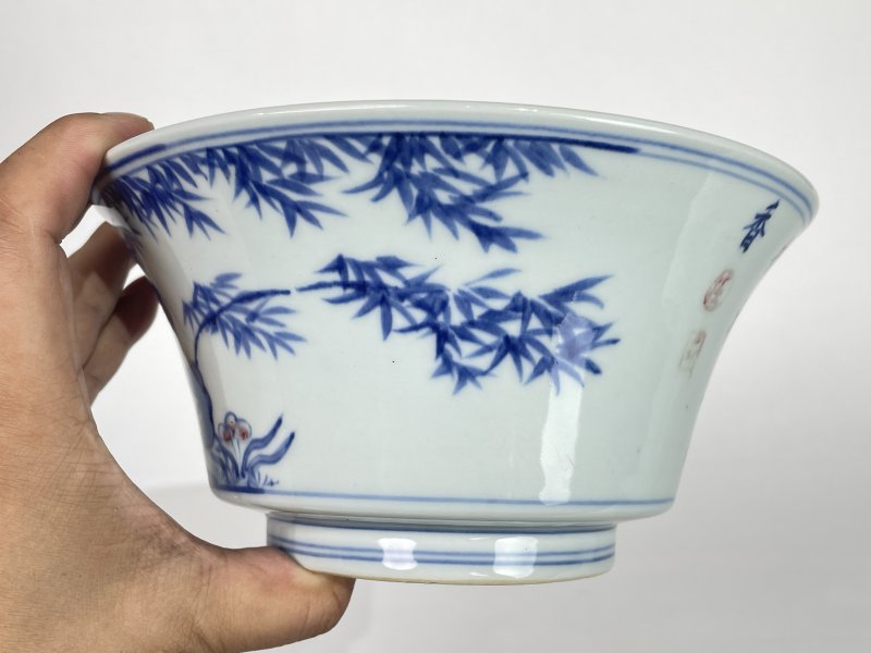 清  青花釉里红花卉诗文碗 - 图2