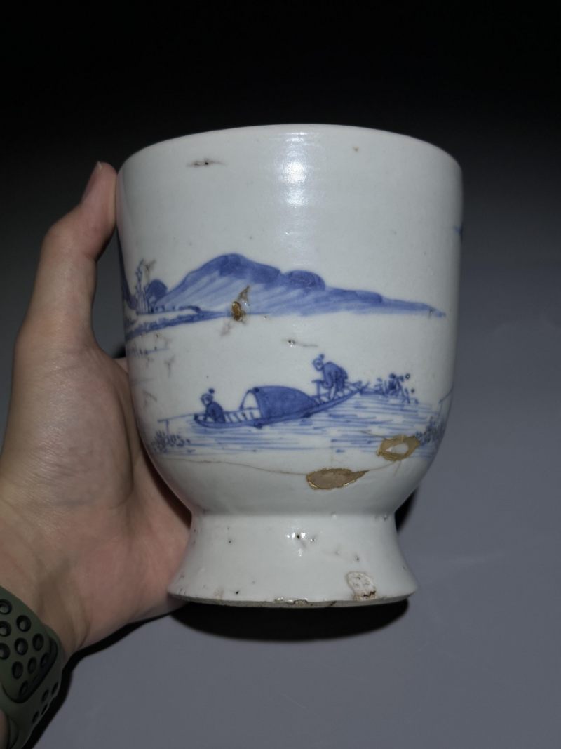    清康熙 青花山水人物纹花囊 - 图6