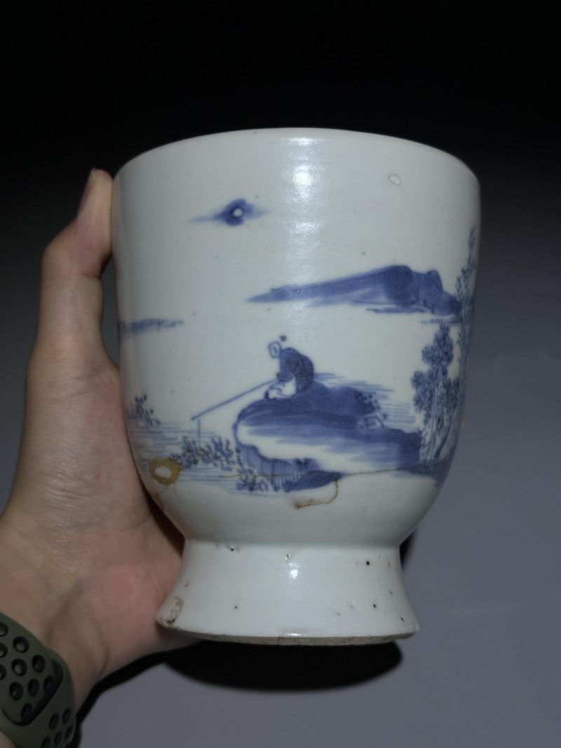    清康熙 青花山水人物纹花囊 - 图7