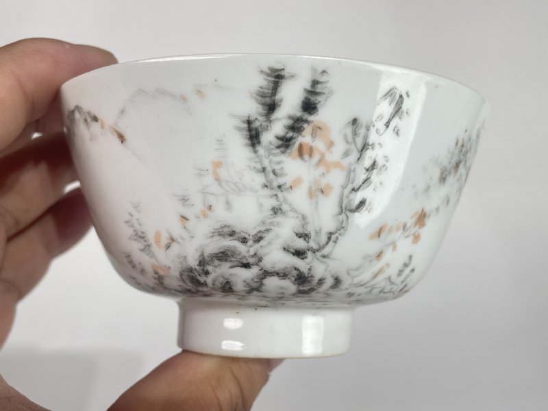民国 墨彩山水人物纹盖碗 - 图8