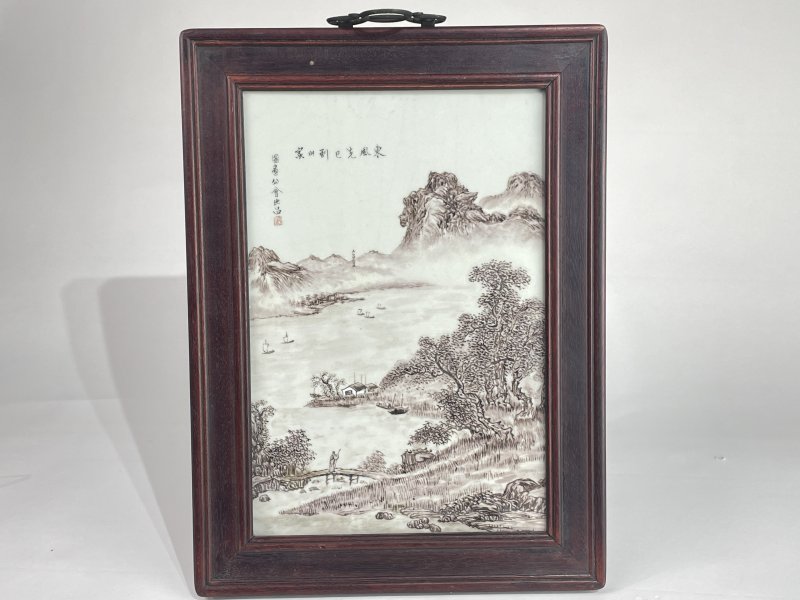 民国 墨彩山水诗文图瓷板 - 图1