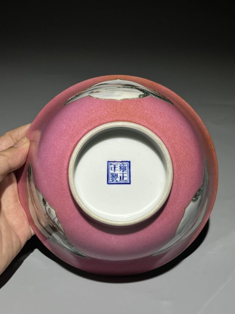    民国 胭脂红釉粉彩开窗山水纹杯一对 - 图10