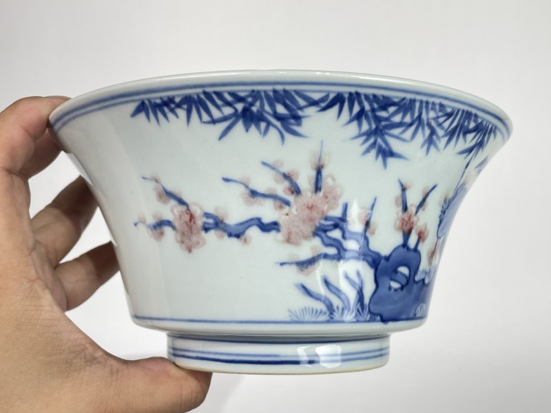 清  青花釉里红花卉诗文碗 - 图4