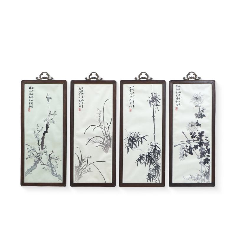 湘绣梅兰竹菊红木框四条挂屏 - 图1