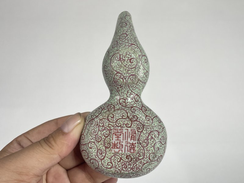 清道光 松石绿地胭脂彩葫芦形茶船 - 图5