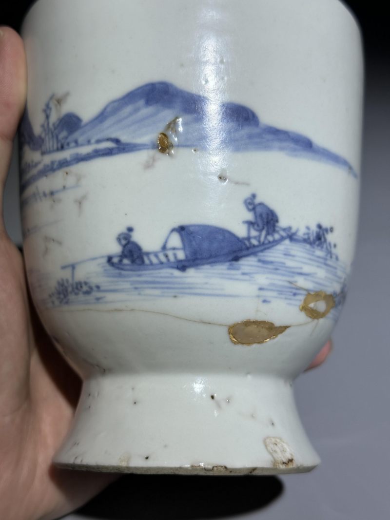    清康熙 青花山水人物纹花囊 - 图9