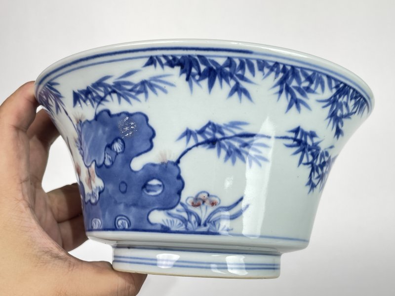 清  青花釉里红花卉诗文碗 - 图5