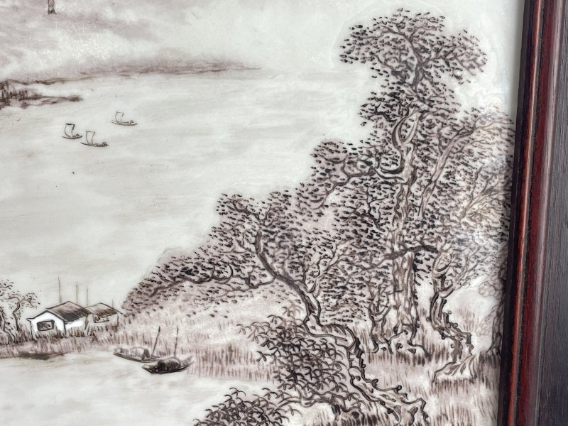 民国 墨彩山水诗文图瓷板 - 图4