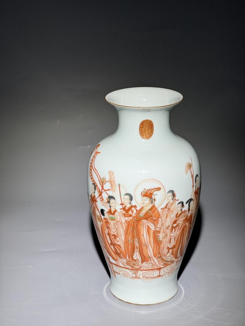    李文跃作品  矾红描金神仙人物观音瓶  “墨里陶人款” - 图8