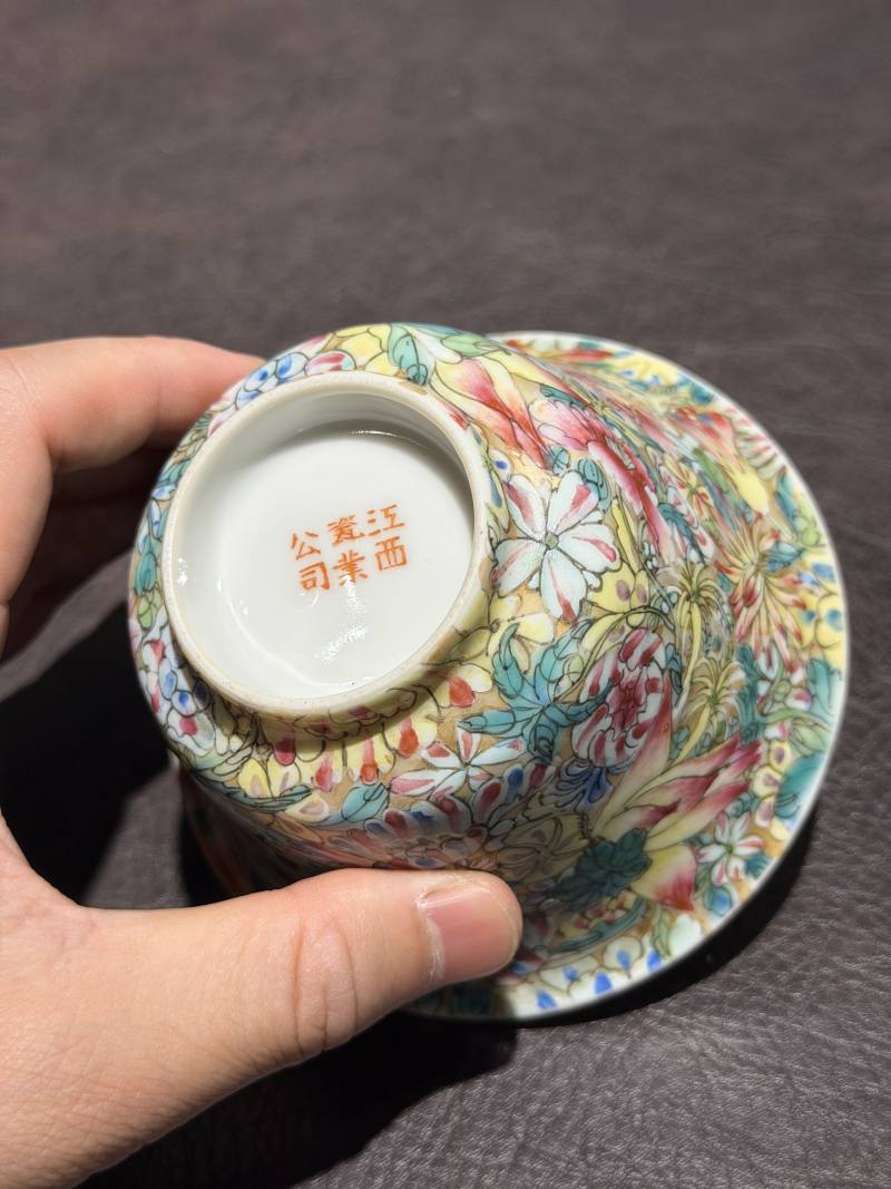 民国 粉彩百花不落地杯 - 图11