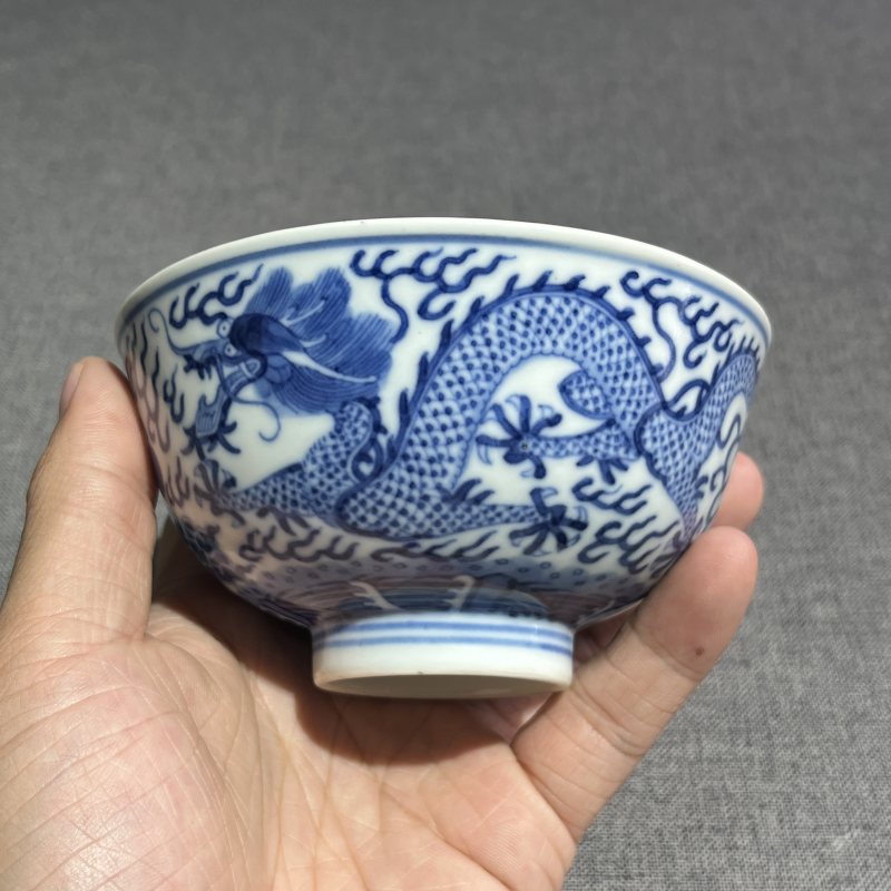 清光绪青花双龙戏珠茶圆 - 图4